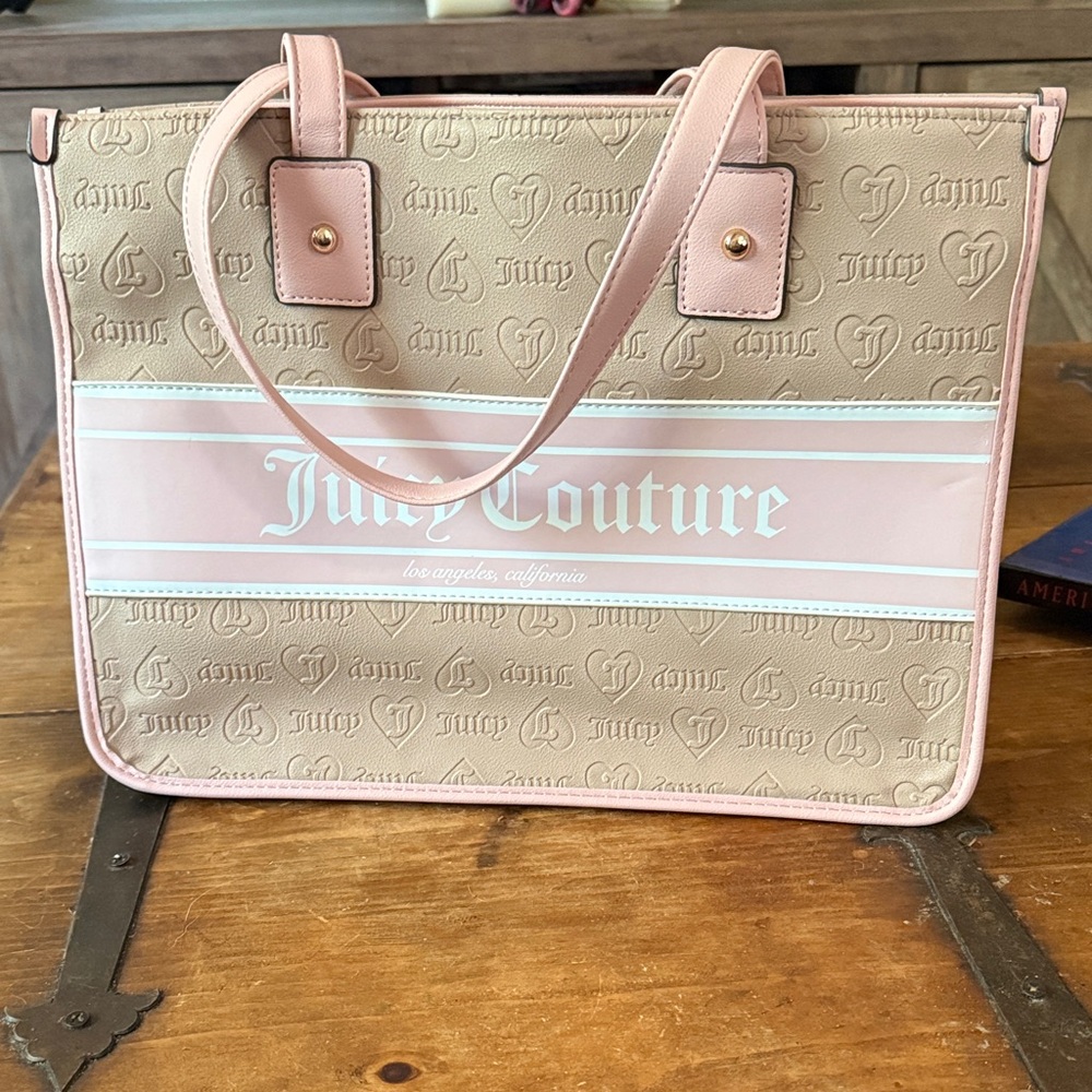 Juicy Couture Beige and Pink Logo Embossed Tote